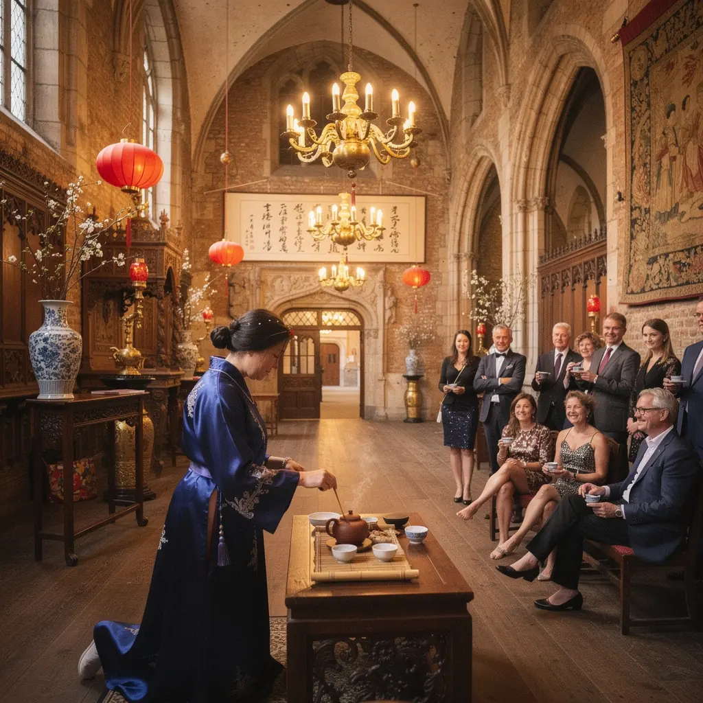 Feuilles de thé noir Lapsang Souchong séchées, présentant une couleur profonde et riche.