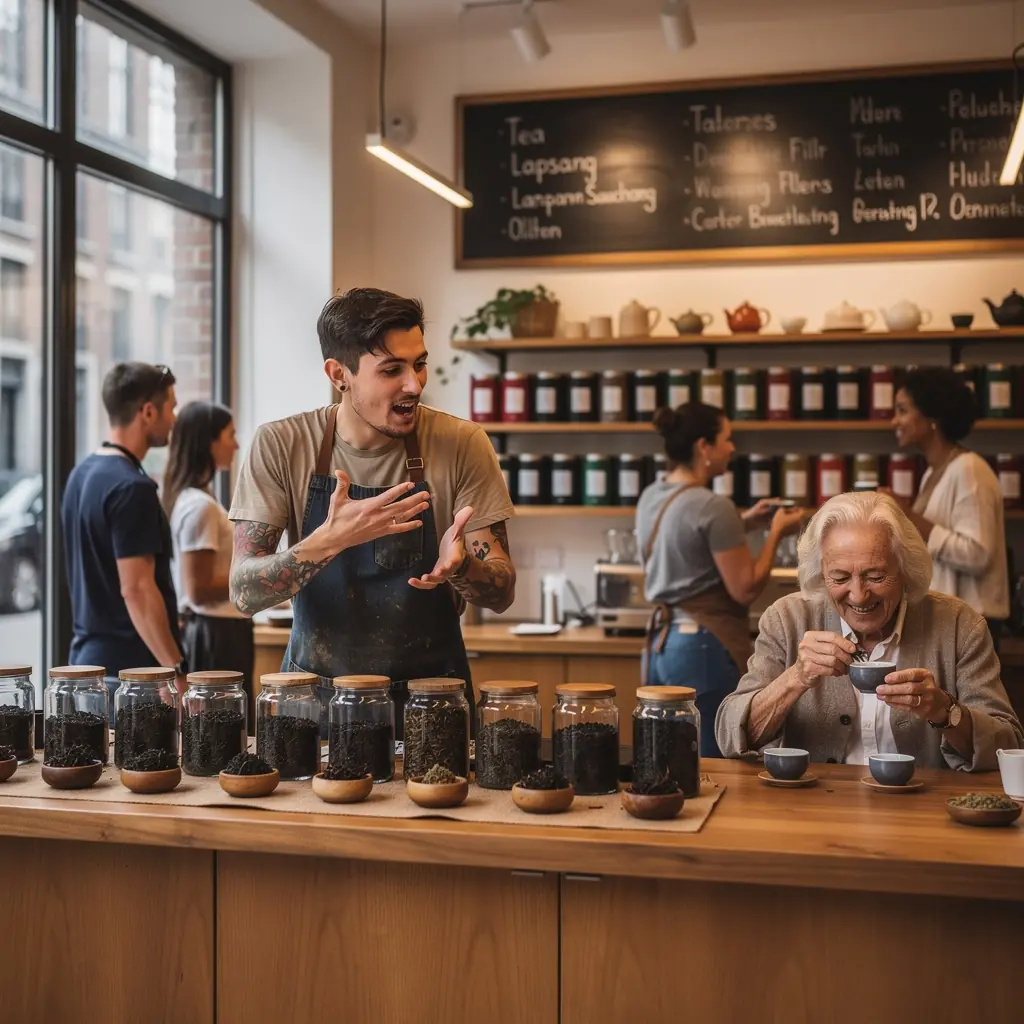 Plateau de dégustation avec des tasses de thé et des biscuits assortis.