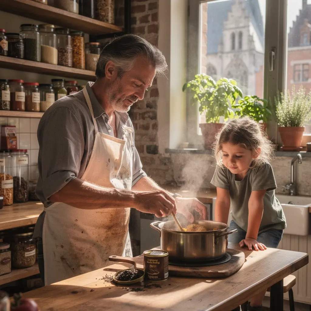 Scène de préparation du thé Lapsang Souchong dans une cuisine traditionnelle.