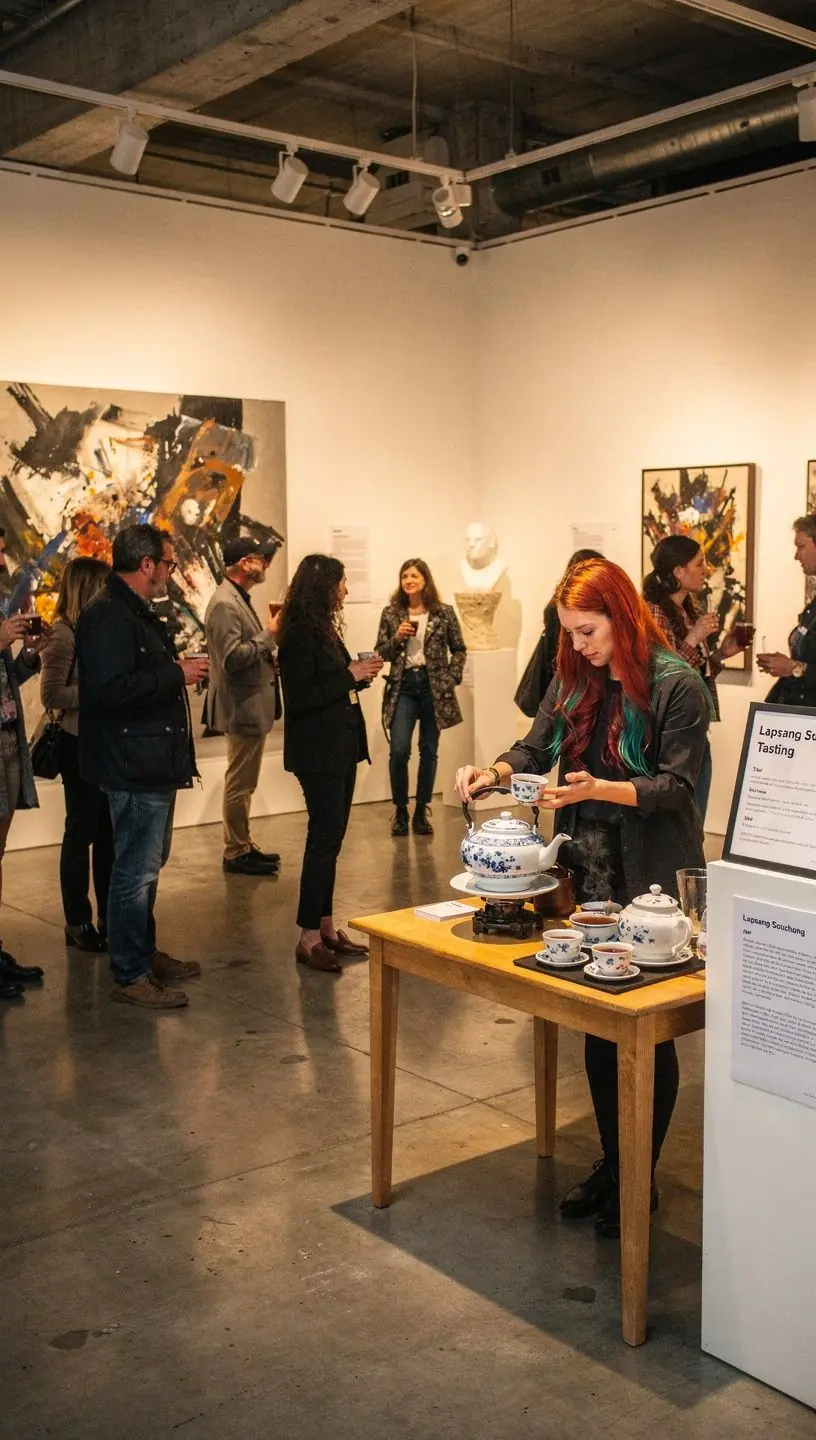 Tasse de thé Lapsang Souchong fumant, avec des arômes de pin.